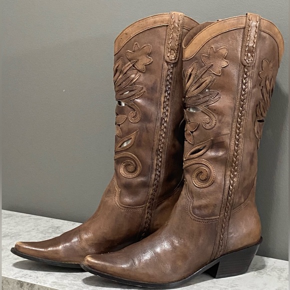 Matisse Brown Leather Floral Cut Out Embroidered Western Cowboy Boots Size 10 - Picture 7 of 15